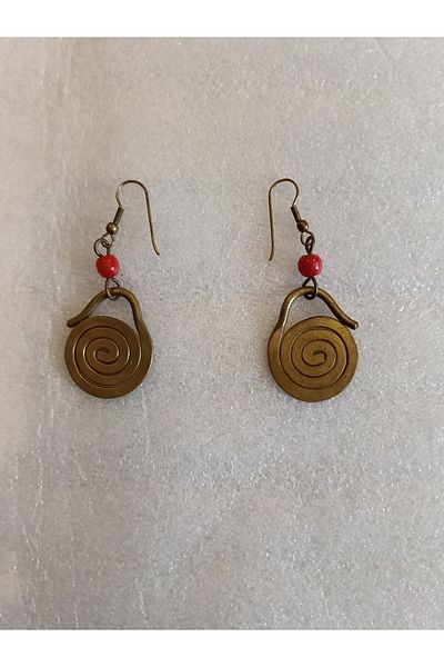 Butik Tülin Authentic Handmade Brass Red Beads Spiral Forged Dangle Earrings 5.8X2.3Cm Made in Kenya