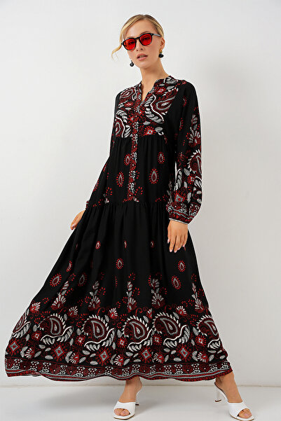 Bigdart 2423 Authentic Patterned Hijab Dress - Black - Claret Red