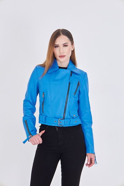 By Marki Marki Women's Genuine Leather Jacket – Blue, Double Breasted Collar, Zippered and Belted, 56 cm - 117722