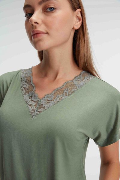 Organza Butik Short Sleeve V-Neck Women's Viscose Floral Patterned Summer Knitted Lace Detailed Pajamas Set