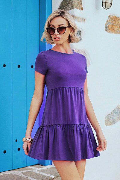 Know Mor Bisiklet Yaka Düz Kısa Kollu Fırfırlı Penye Elbise