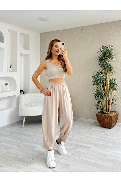 İrka Moda Dokuma Çilek Kumaş Şalvar Krem