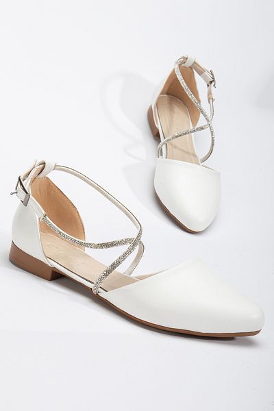 Tonny Black Women's White Cross Stone Rope Detailed Ankle Strap Ballerinas