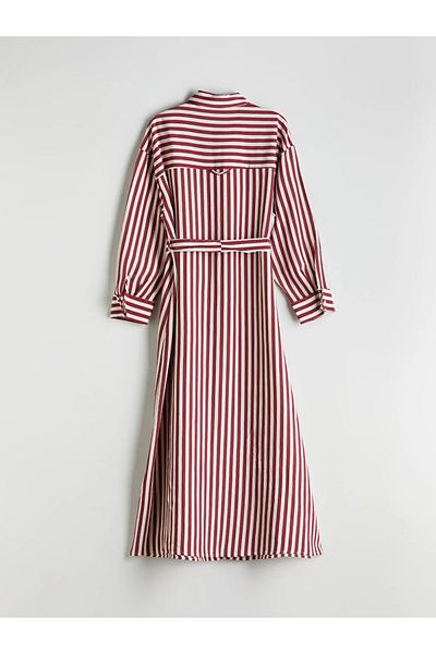 LC Waikiki Lcw modest burgundy striped poplin shirt dress