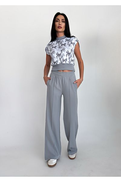 bilcee Women's Gray High Waist Ribbed Loose Fabric Trousers 4591