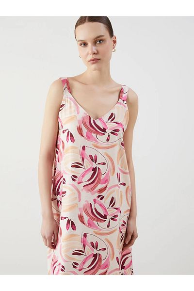 LC Waikiki Lcw Comfort Ecru V-Neck Floral Dress