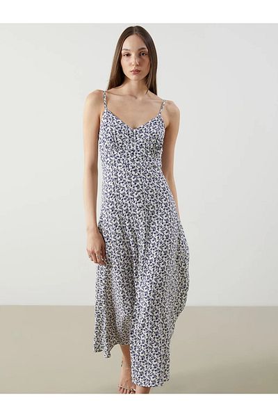LC Waikiki Lcw Vision Navy Blue V-Neck Floral Dress