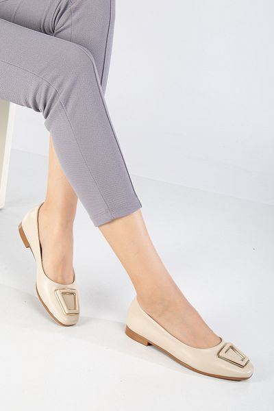Tonny Black Women's Beige Oval Toe Ballerinas with Buckle Detail on the Front