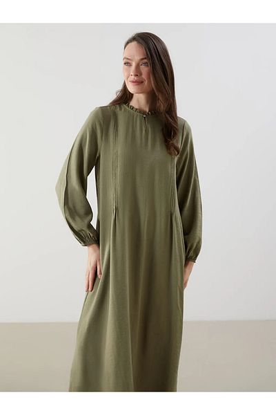 LC Waikiki Lcw Grace Green Ruffled Stand Collar A-Line Satin Dress