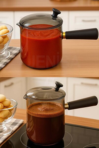 Jenisa Çok Amaçlı Isıya Dayanıklı Cam Cezve & Sosluk 550 ml - Ahşap Saplı Modern Tasarım