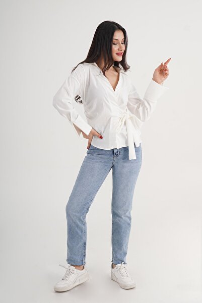 Hipo Trend Pinstripe Side Tie Regular Fit Cream Shirt