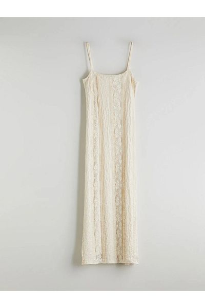 LC Waikiki Lcw Vision Ecru Square Neck Lace Detailed Boho Dress