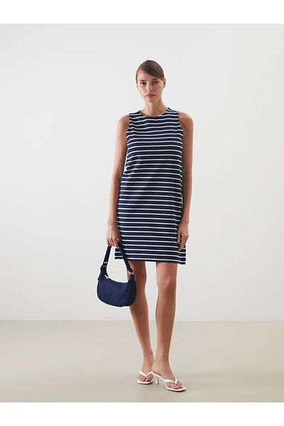 LC Waikiki Lcw Vision Navy Blue Bicycle Collar Striped A-Line Mini Dress
