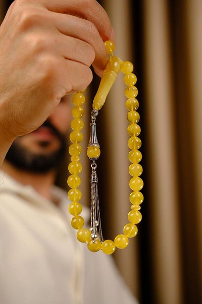 dergah tesbih Premium Silver Design Original Drop Amber Prayer Beads (Amber), (مسبحة قطرة كهريبار)