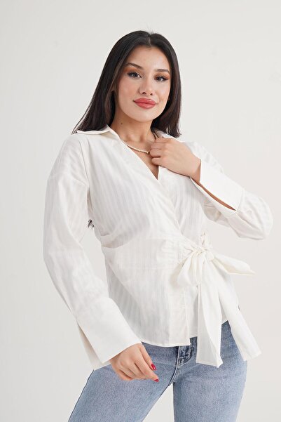 Hipo Trend Thick Line Side Tie Regular Cream Shirt