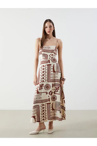LC Waikiki Vision Ecru Square Neck Patterned Linen Blended Slim Fit Dress