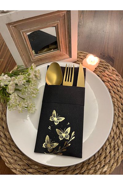 kidspartim Gold Gilded Black Fabric Textured Air Laid Kangaroo Butterfly Leaf Detailed Pocket Napkin Set of 6