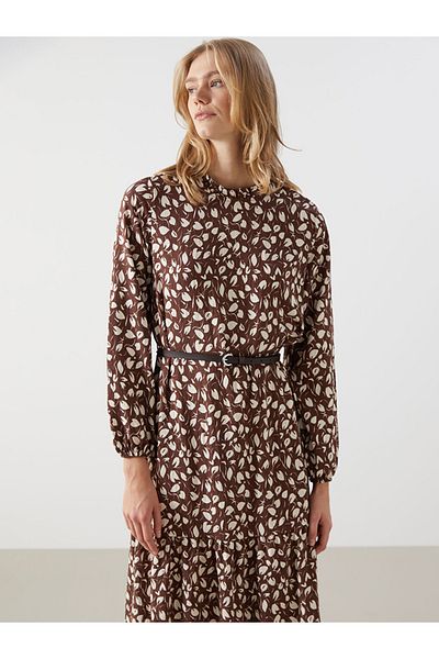 LC Waikiki Brown Stand Collar Patterned Women's Dress