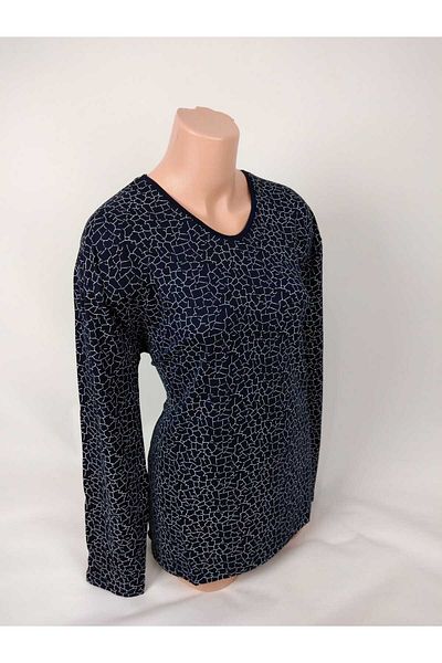 YAŞAR TRİKO Women's Navy Blue White U Neck Long Sleeve Patterned Slit Woven Viscose Mother Combed Cotton T-Shirt