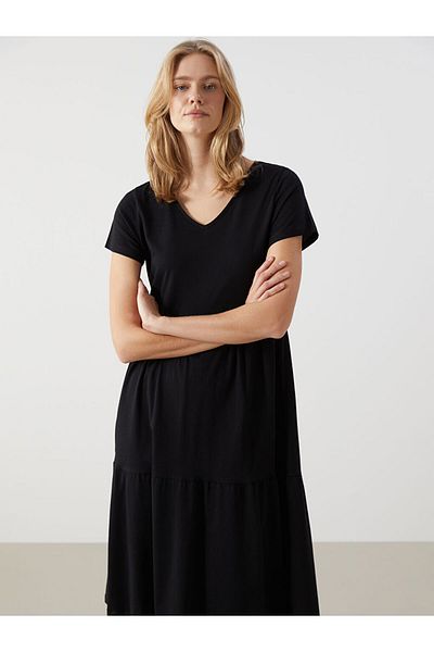 LC Waikiki Lcw Comfort Black V-Neck Women's Dress S5Gq63Z8Nvy25