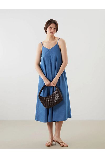 LC Waikiki LCWAIKIKI Κλασικό Μπεζ Τζιν Φόρεμα με λαιμόκοψη