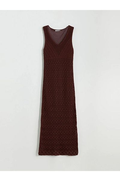 LC Waikiki LCW Vision Brown V-Neck Lace Crochet Dress