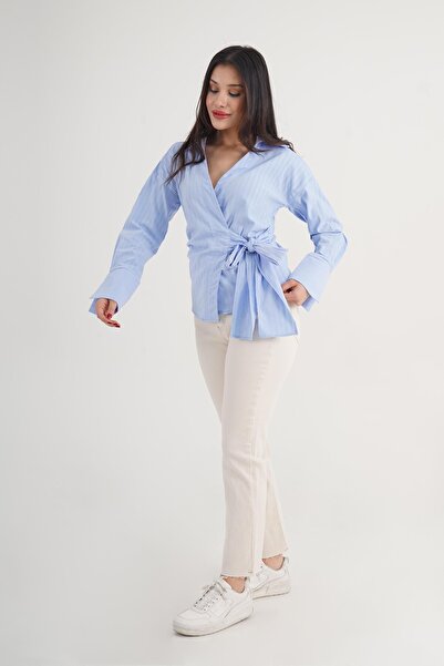 Hipo Trend Thick Line Side Tying Regular Fit Baby Blue Shirt