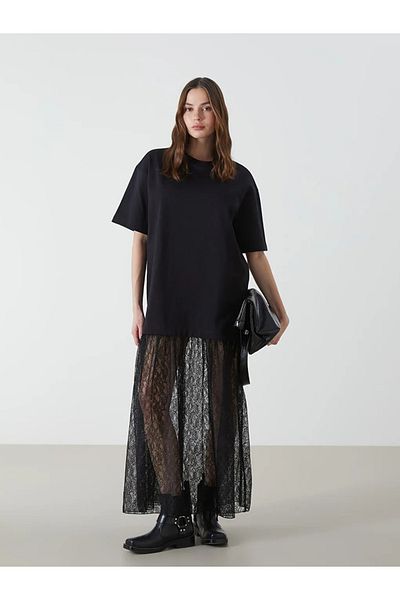LC Waikiki Lcw Vision Black Crew Neck Lace Detail Women's Dress