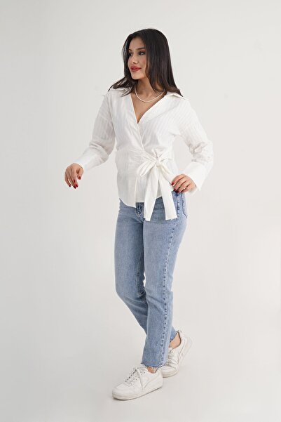 Hipo Trend Thick Line Side Tie Regular Cream Shirt