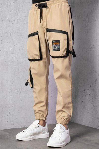 Rizz up Men's Beige Cargo Pocket Waist Elastic Leg Waterproof Windproof Parachute Fabric Trousers 2500310