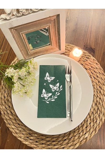 kidspartim Silver Gilded Green Butterfly Leaf Detailed Napkin 16 Pieces