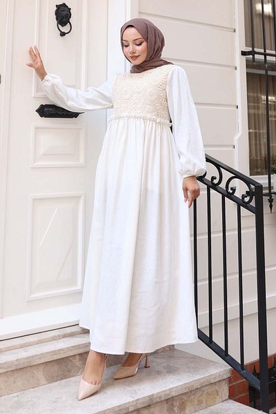 benguen Δαντελένιο Λεπτομερές Λινό Φόρεμα Hijab Stone Color 8787-1