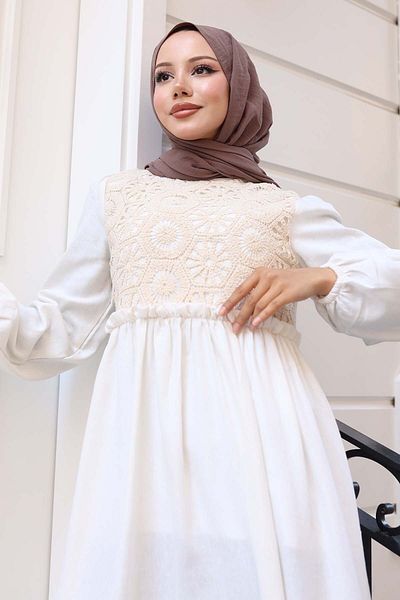 benguen Δαντελένιο Λεπτομερές Λινό Φόρεμα Hijab Stone Color 8787-1