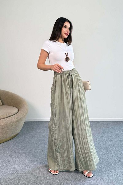 Hatun Atila Kraşlı Elastic Waist Modal Wide Leg Palazzo Trousers - Khaki