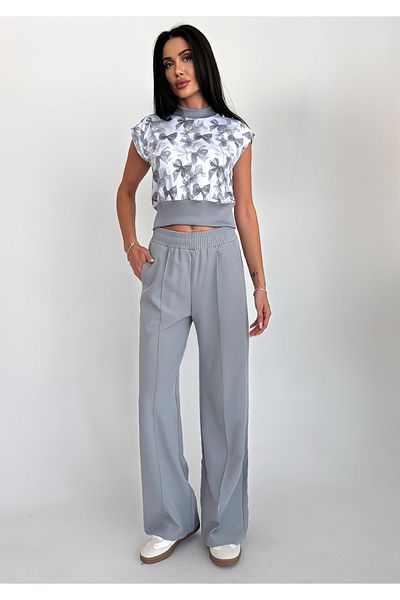 bilcee Women's Gray High Waist Ribbed Loose Fabric Trousers 4591