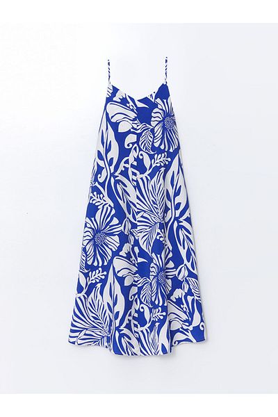 LC Waikiki Lcwaikiki Classic Blue V-Neck Floral Strap A-Line Dress for Women