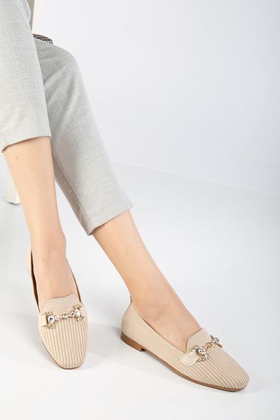 Tonny Black Women's Beige Front Buckle Detailed Knitwear Ballerinas