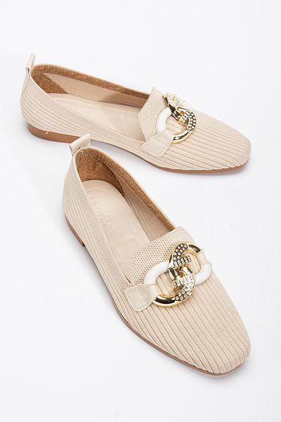 Tonny Black Women's Beige Front Buckle Detailed Knitwear Ballerinas