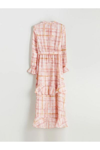 LC Waikiki Lcw modest pink tie-up neck plaid ruffle dress