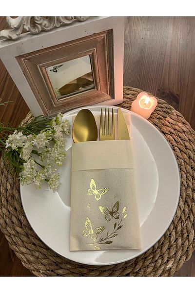 kidspartim Gold Gilded Cream Fabric Textured Air Laid Kangaroo Butterfly Leaf Detailed Pocket Napkin Set of 6