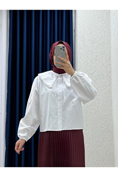 Mihra Sanonia Κοντό Πουκάμισο Ποπλίνα με Πέρλες στο Γιακά-NA792 Λευκό