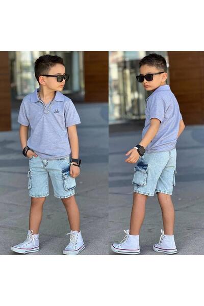 RAPAPA Boy's Polo Collar Cargo Pocket Jeans Suit 2302Grey