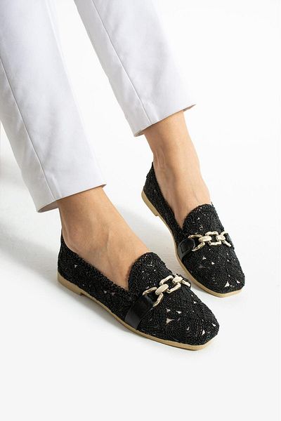 VENUCIA Chain Detailed Breathable Flexible Summer Knitted Model Straw Casual Women's Ballerina Shoes