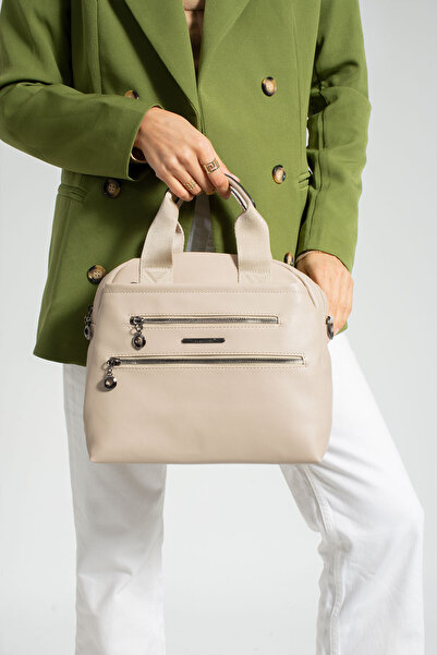 Sanmorris 1389 Women's Multi-Eye Faux Leather Adjustable Cross Strap Hand and Shoulder Bag Beige