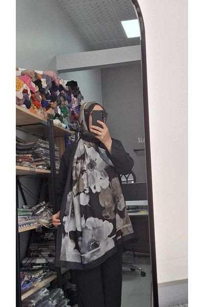 AMİNENESİL Aminenesil Bamboo Kraş Flower Pattern Shawl Black Gray Green Color