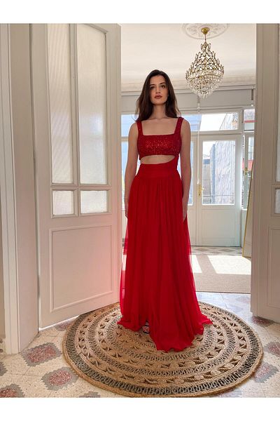 Biçanta Tube Beads Sequin Embroidered Abdomen Low-Cut Chiffon Tulle Skirt Slit Evening Dress Wedding Engagement