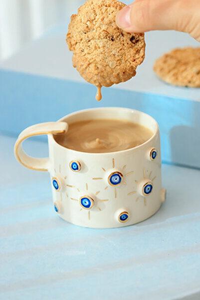 Hypnos Coffee Evil Eye Bead Figured Handmade Mug Ceramic Mug Cup with 24 Carat Gold Decoration - 220 ml