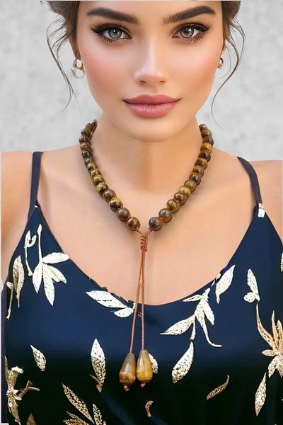 Pozitif Doğal Taş Functional Tiger's Eye Necklace Adjustable Natural Stone Design 456-2