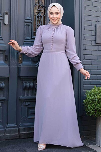 Neva Style Button Detailed Light Lilac Hijab Dress 2703Alila