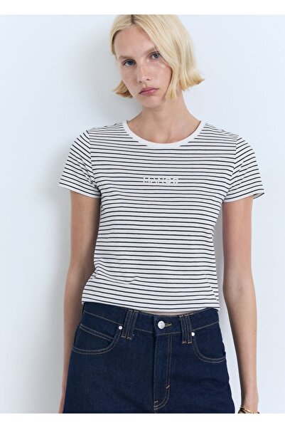 MANGO Woman Logolu çizgili tişört